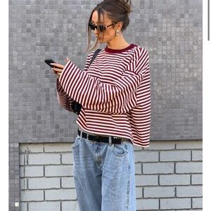Lioness Burgundy and White Striped Long Sleeve Top